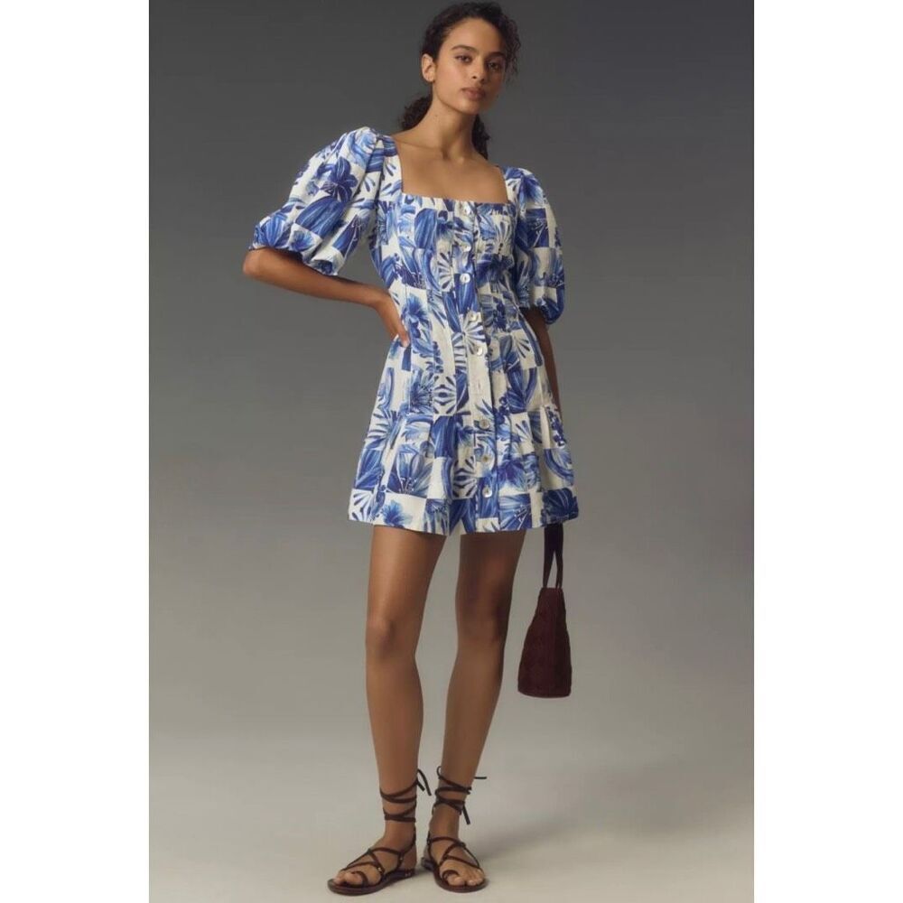 NWT Farm Rio Garden Tiles Blue Floral Linen Puff Sleeve Mini Dress XL Resort - Picture 2 of 9